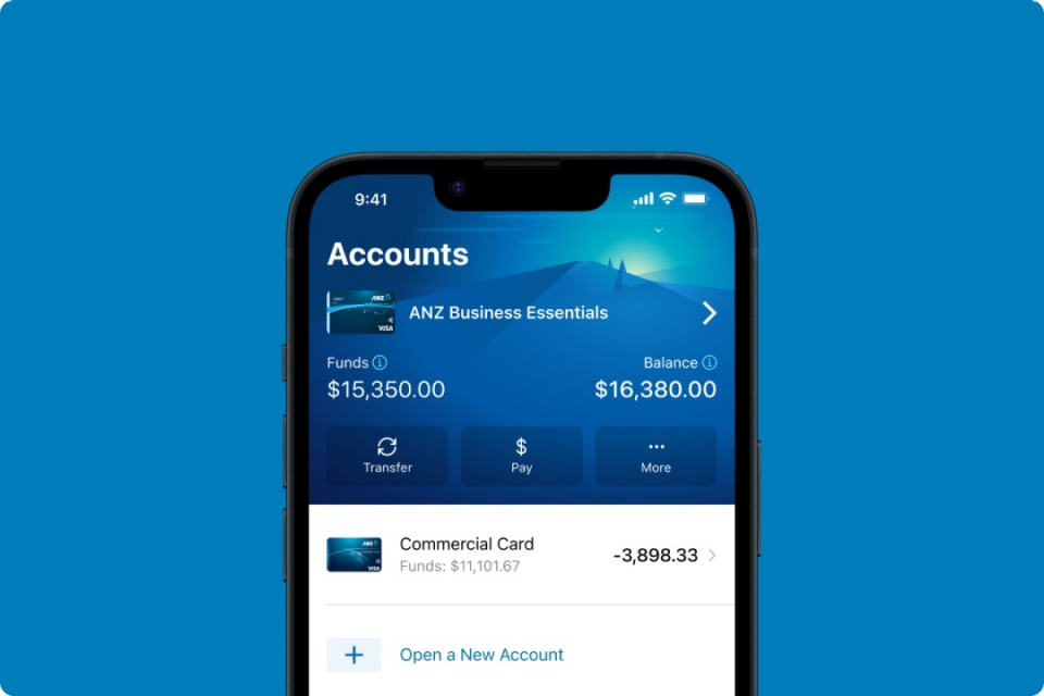 a mobile phone with ANZ app on the screen showing a Business Essentials account and account details