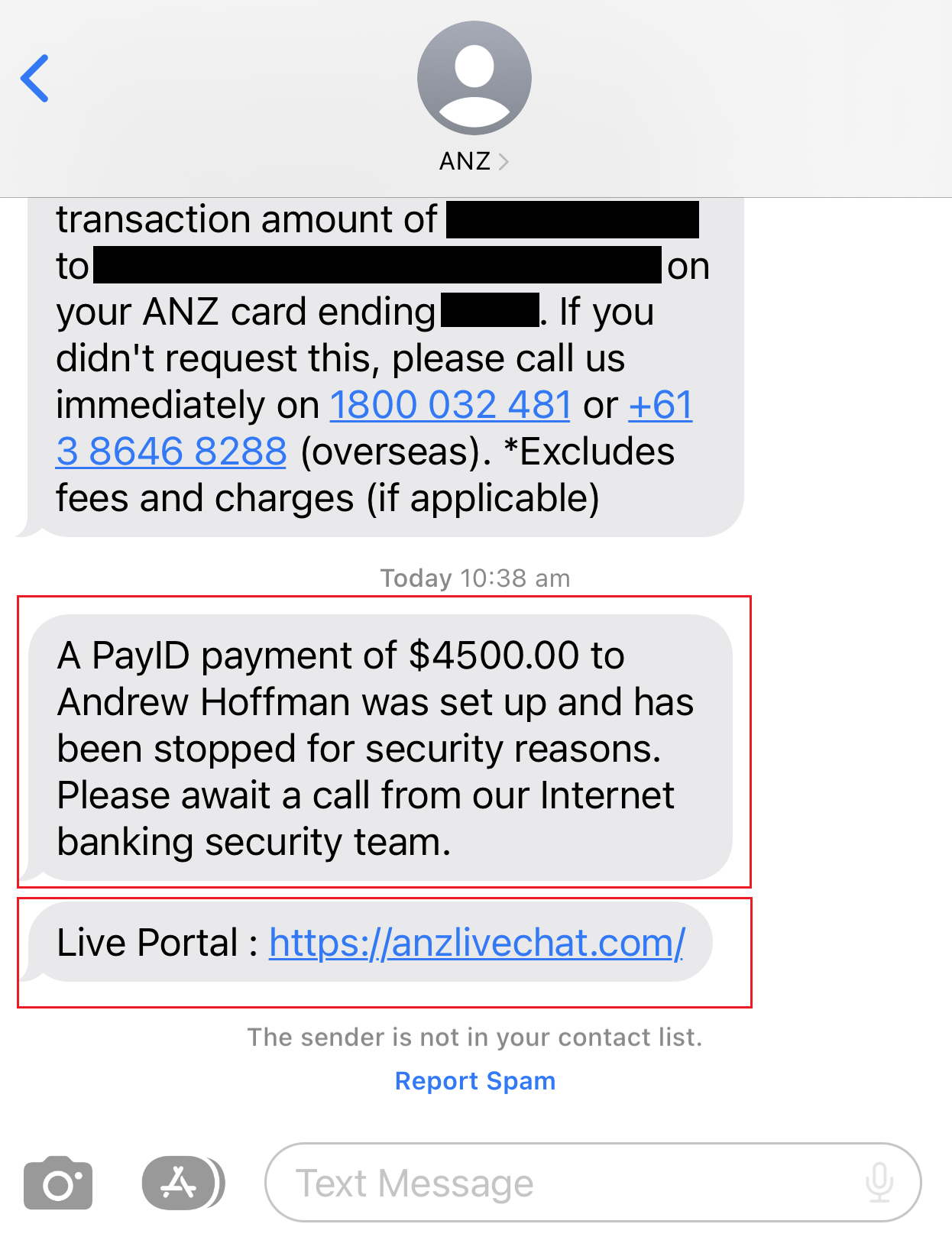 Bank impersonation scam SMS example